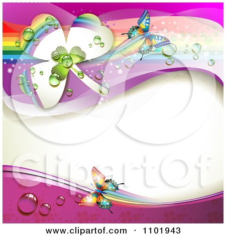 Clipart Spring Butterfly Background With Dewy Clovers And Rainbow Streaks 3 - Royalty Free Vector Illustration by merlinul