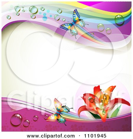 Clipart Spring Butterfly Background With Dewy Rainbows And A Lily - Royalty Free Vector Illustration by merlinul