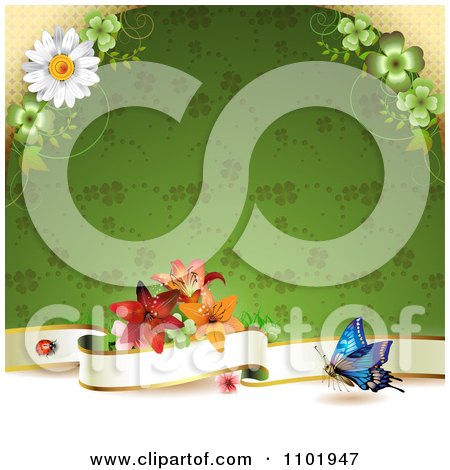 Clipart Butterfly Background With A Blank Banner And Flowers Over A Green Clover Pattern - Royalty Free Vector Illustration by merlinul