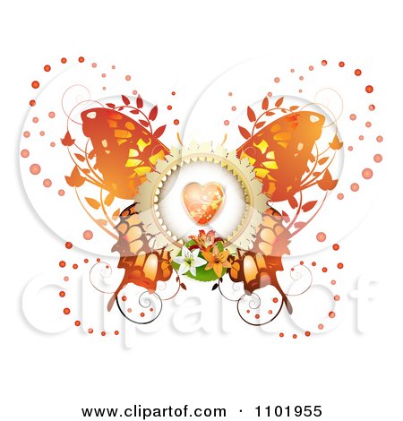 Clipart Orange Butterfly With A Heart Center And Foliage - Royalty Free Vector Illustration by merlinul