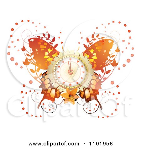 Clipart Orange Butterfly With A Clock Center And Foliage - Royalty Free Vector Illustration by merlinul
