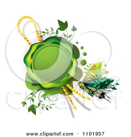 Clipart Green Wax Seal With A Rope Vines And Butterfly - Royalty Free Vector Illustration by merlinul