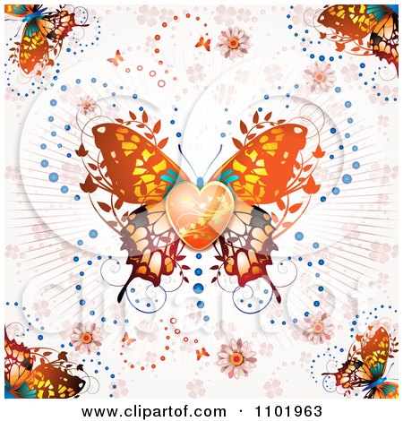 Clipart Ornate Orange Butterfly With A Heart Center Over Clovers And Rays - Royalty Free Vector Illustration by merlinul