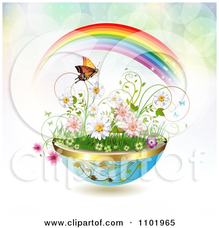 Clipart Planter Of Daisies And Spring Flowers With A Butterfly And Rainbow Over Flares - Royalty Free Vector Illustration by merlinul