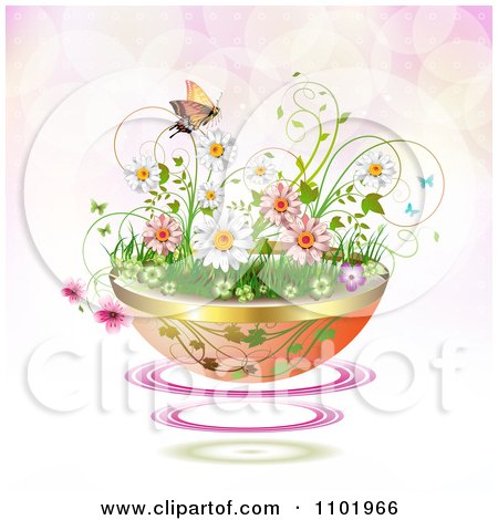 Clipart Planter Of Daisies And Spring Flowers With A Butterfly Over Pink Flares - Royalty Free Vector Illustration by merlinul