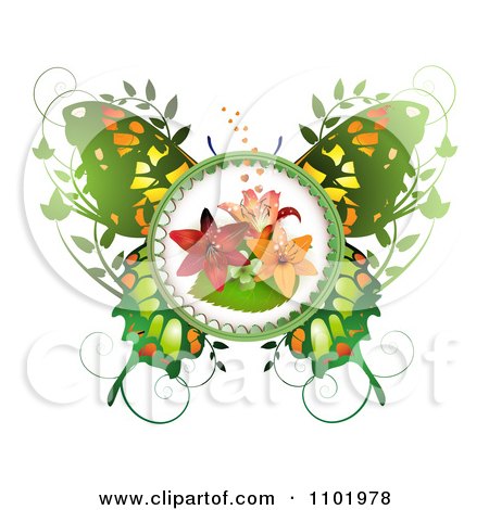 Clipart Green Butterfly With A Lily Center And Foliage - Royalty Free Vector Illustration by merlinul