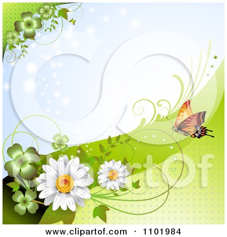 Clipart Orange Butterfly With Clovers And Daisies Around Copyspace 3 - Royalty Free Vector Illustration by merlinul