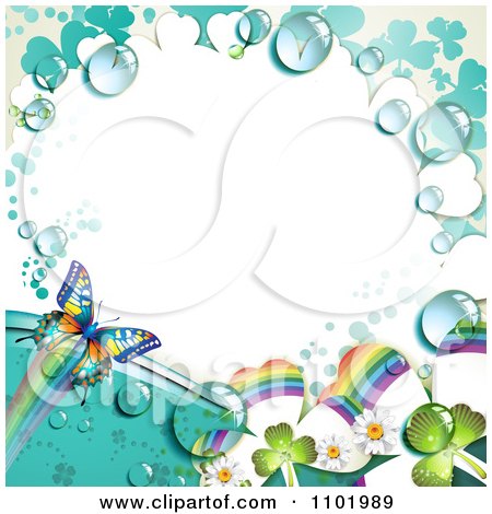 Clipart Butterfly And Dewy Rainbow Clover Background With White Copyspace - Royalty Free Vector Illustration by merlinul