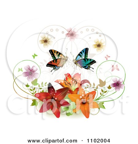 Clipart Butterfly Pair With Blossoms And Lilies On White - Royalty Free Vector Illustration by merlinul