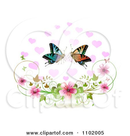 Clipart Butterfly Pair With Hearts Over Blossoms On White - Royalty Free Vector Illustration by merlinul