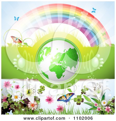 Clipart 3d Green Globe With Paw Print Sound Waves Under A Rainbow With Flowers - Royalty Free Vector Illustration by merlinul