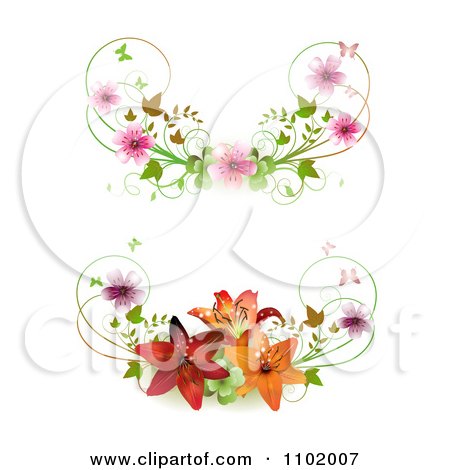 Clipart Cherry Blossom And Lily Butterfly Rule Dividers - Royalty Free Vector Illustration by merlinul