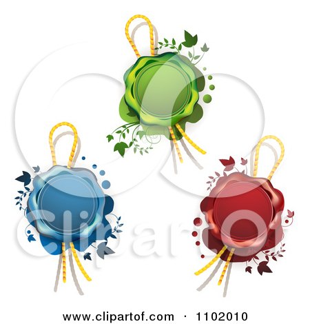 Clipart Blue Red And Green Wax Seals With Ropes And Vines - Royalty Free Vector Illustration by merlinul