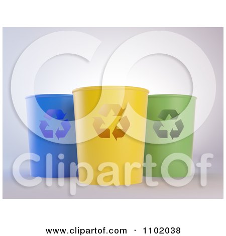 Clipart 3d Blue Yellow And Green Recycle Bins - Royalty Free CGI Illustration by Mopic