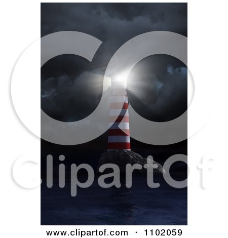 Clipart 3d Red And White Coastal Nautical Light House Shining Its Beacon In A Storm - Royalty Free CGI Illustration by Mopic