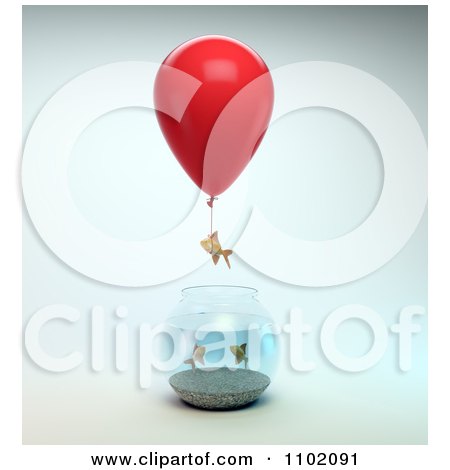 Clipart 3d Goldfish Taking Off From A Bowl With A Balloon - Royalty Free CGI Illustration by Mopic