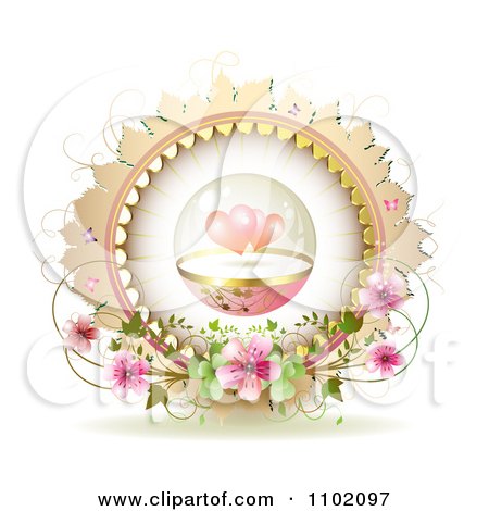 Clipart Protected Hearts In A Sphere Over Blossoms In A Frame On White - Royalty Free Vector Illustration by merlinul