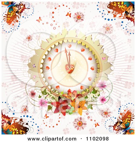 Clipart Heart Clock With Flowers And Butterflies On Pink - Royalty Free Vector Illustration by merlinul