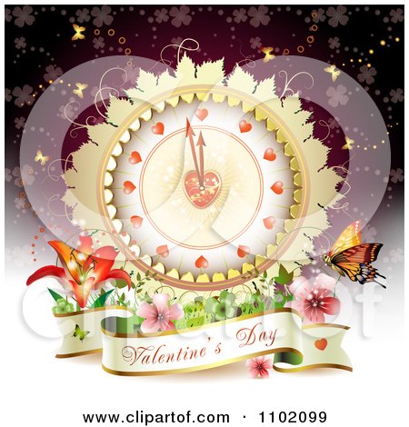 Clipart Valentines Banner Under A Heart Clock With Flowers And Butterflies On Purple - Royalty Free Vector Illustration by merlinul