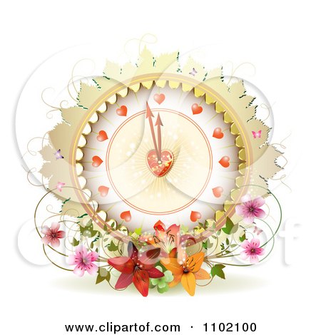 Clipart Valentines Day Heart Clock With Flowers And Butterflies On White - Royalty Free Vector Illustration by merlinul