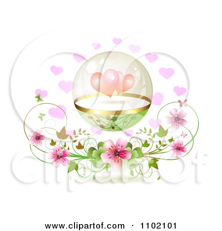 Clipart Protected Hearts In A Sphere Over Pink Blossoms On White - Royalty Free Vector Illustration by merlinul