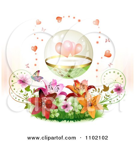 Clipart Protected Hearts In A Sphere Over Lilies And Butterflies On White - Royalty Free Vector Illustration by merlinul