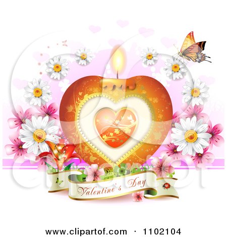 Clipart Heart Candle With A Valentines Day Banner Butterfly And Daisies On White - Royalty Free Vector Illustration by merlinul