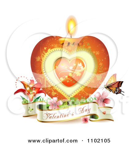 Clipart Heart Candle With A Valentines Day Banner And Butterfly On White - Royalty Free Vector Illustration by merlinul