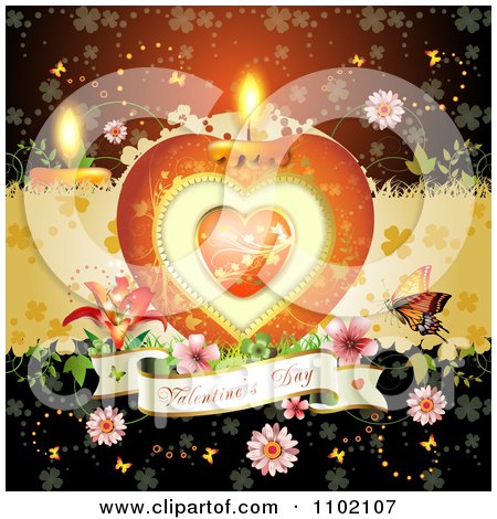 Clipart Heart Candle With A Valentines Day Banner Flowers And Butterfly Over Red 2 - Royalty Free Vector Illustration by merlinul