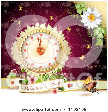 Clipart Valentine Day Banner Under A Heart Clock On Red - Royalty Free Vector Illustration by merlinul