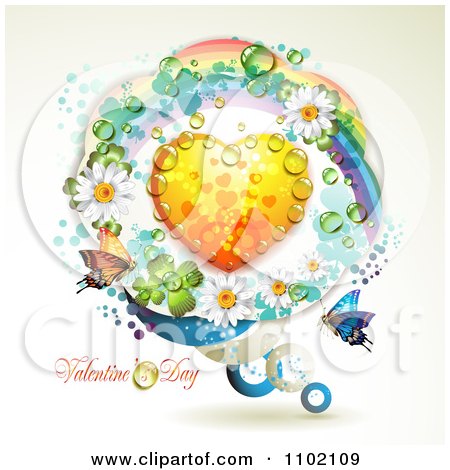 Clipart Valentines Day Text With A Dewy Heart In A Circle Of Rainbows And Butterflies And Flowers - Royalty Free Vector Illustration by merlinul