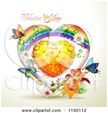 Clipart Rainbow Valentine Heart With Dew And Butterflies - Royalty Free Vector Illustration by merlinul