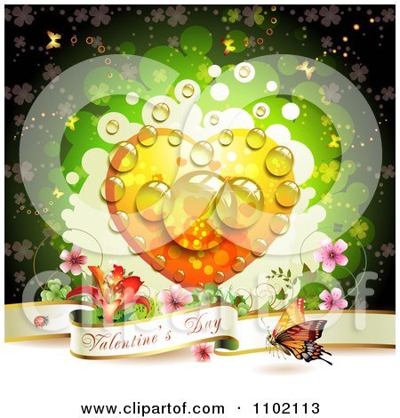 Clipart Valentine Day Banner Under A Dewy Orange Heart On Green - Royalty Free Vector Illustration by merlinul