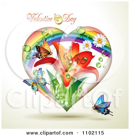 Clipart Rainbow Lily Valentine Heart With Dew And Butterflies - Royalty Free Vector Illustration by merlinul