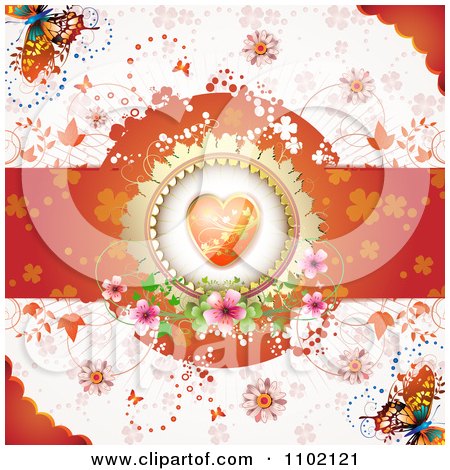Clipart Valentine Background With An Orange Floral Heart Butterflies And Vines 1 - Royalty Free Vector Illustration by merlinul