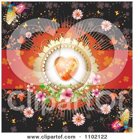 Clipart Valentine Background With An Orange Floral Heart Butterflies And Vines 2 - Royalty Free Vector Illustration by merlinul