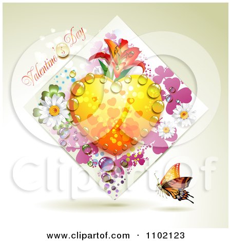 Clipart Valentines Day Text With A Dewy Heart In A Diamond Of Dew And Butterflies And Flowers - Royalty Free Vector Illustration by merlinul