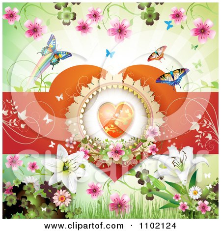 Clipart Heart In A Frame With Lilies Blossoms Clovers And Butterflies - Royalty Free Vector Illustration by merlinul