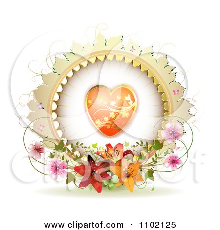 Clipart Round Heart Frame With Lilies Vines And Pink Blossoms On White - Royalty Free Vector Illustration by merlinul