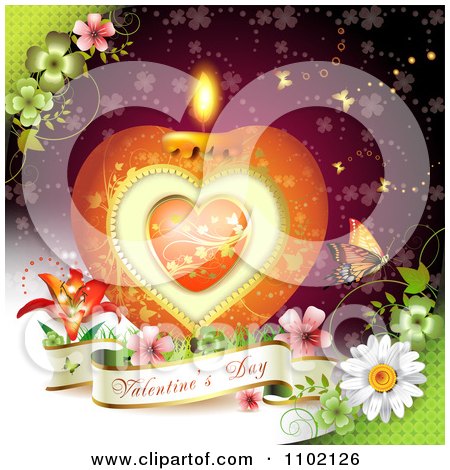 Clipart Heart Candle With A Valentines Day Banner Flowers And Butterfly Over Red 1 - Royalty Free Vector Illustration by merlinul