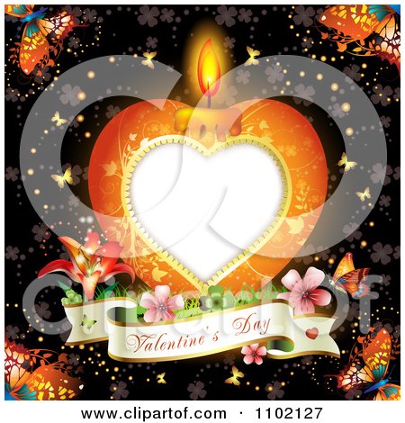 Clipart Heart Candle With A Valentines Day Banner And Butterflies Over Clovers - Royalty Free Vector Illustration by merlinul