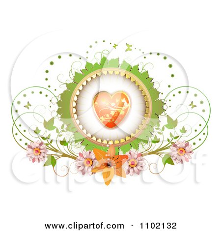 Clipart Heart Inside A Green Leaf Frame With Butterflies And Flowers On White - Royalty Free Vector Illustration by merlinul
