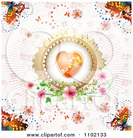 Clipart Heart Inside A Round Frame With Rays Butterflies And Flowers On Pink - Royalty Free Vector Illustration by merlinul