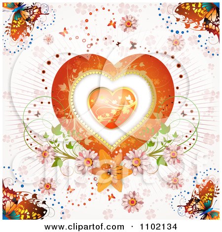 Clipart Heart Inside A Heart Over Pink Rays Butterflies And Flowers - Royalty Free Vector Illustration by merlinul