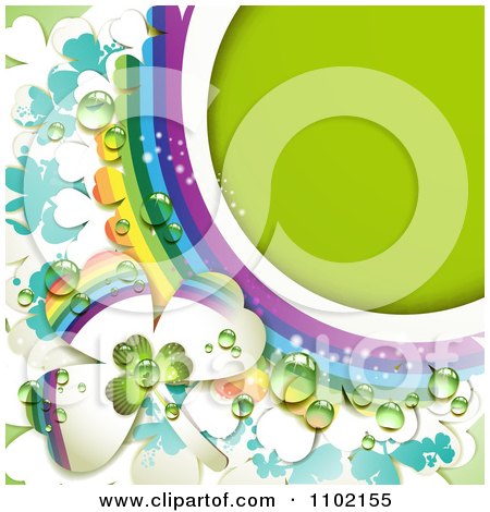 Clipart St Patricks Day Shamrock With Rainbows And Dew Around Green Copyspace - Royalty Free Vector Illustration by merlinul