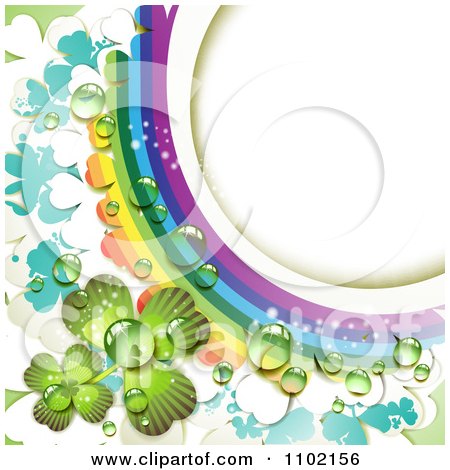 Clipart St Patricks Day Shamrock With Rainbows And Dew Around White Copyspace - Royalty Free Vector Illustration by merlinul