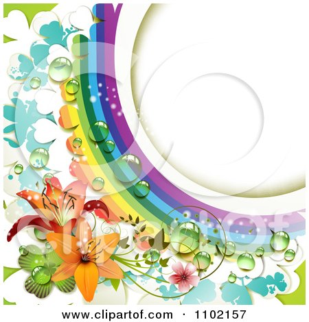Clipart Dewy Rainbow Curve With Lilies And Clovers Around White Copyspace - Royalty Free Vector Illustration by merlinul