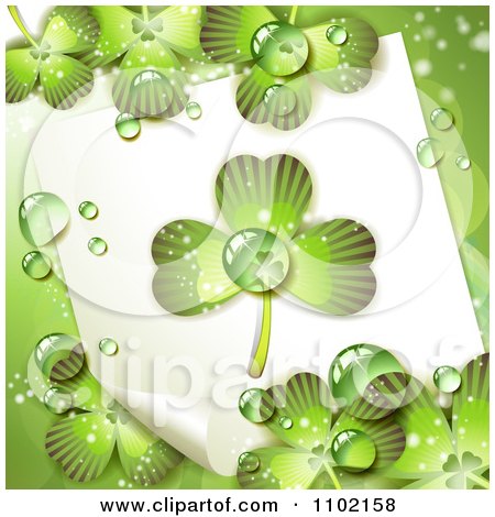 Clipart St Patricks Day Background With Dewy Shamrocks And Paper - Royalty Free Vector Illustration by merlinul