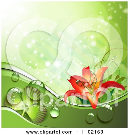 Clipart Green Dewy Shamrock St Patricks Day Background With Sunlight And A Lily - Royalty Free Vector Illustration by merlinul