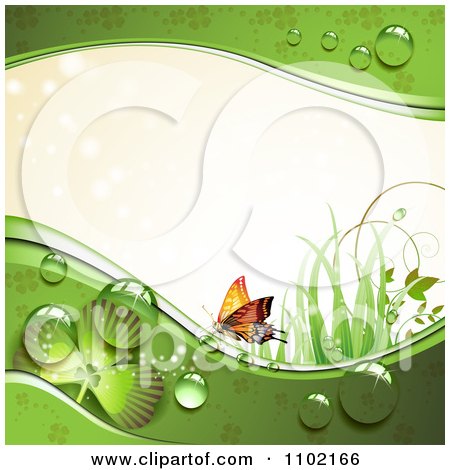 Clipart St Patricks Day Background Of An Orange Butterfly Grass Sunlight Shamrocks And Dew 1 - Royalty Free Vector Illustration by merlinul